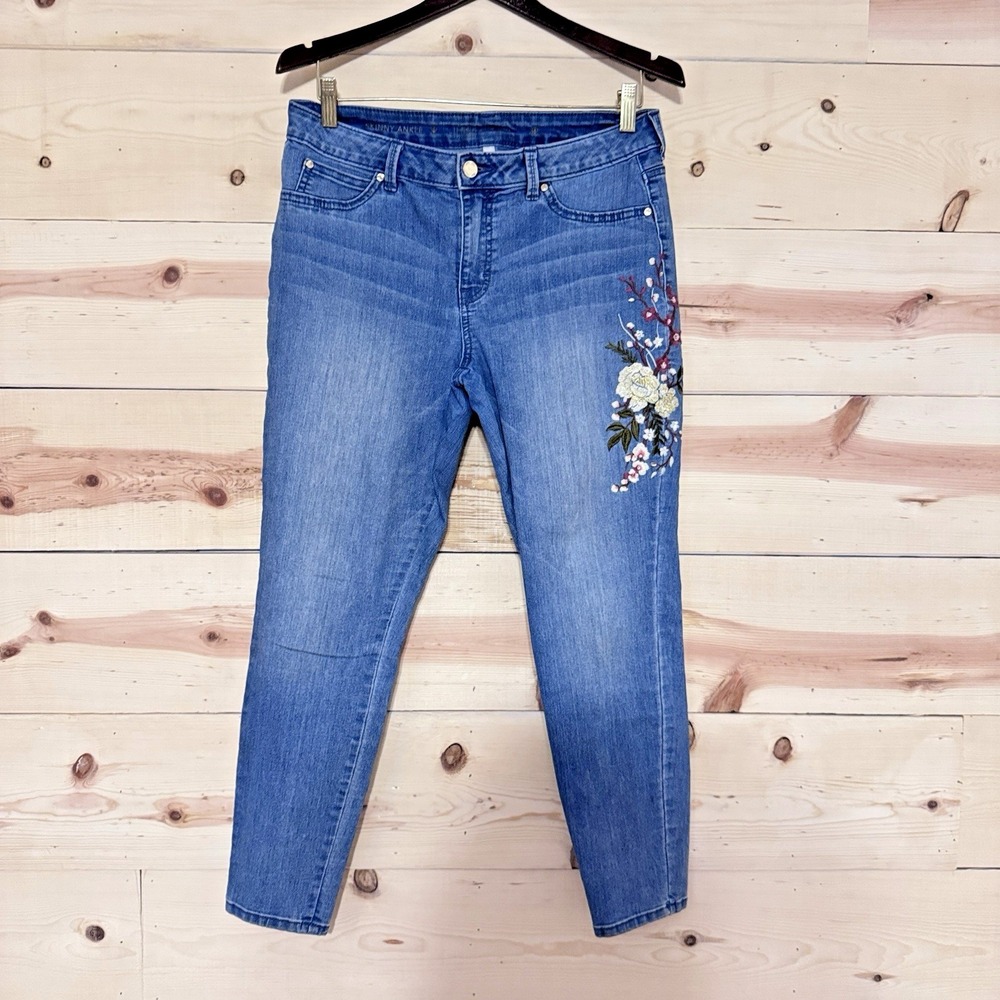 Jennifer Lopez Womens 10 Skinny‎ Ankle Jeans Floral Embroidered Medium Wash